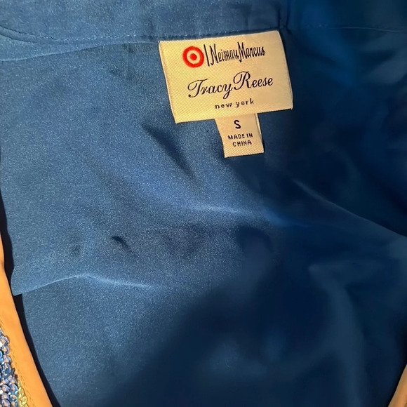 Tracy Reese, Neiman Marcus, S, Royal blue sequence flowers on a tan background. - Picture 2 of 7